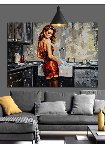 Mutfakta Yemek Yapan Genç Kadın Dekoratif Kanvas - Mdf Ahşap Tablo