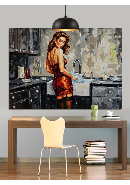 Mutfakta Yemek Yapan Genç Kadın Dekoratif Kanvas - Mdf Ahşap Tablo modelleri