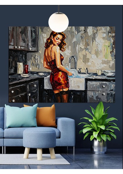 Mutfakta Yemek Yapan Genç Kadın Dekoratif Kanvas - Mdf Ahşap Tablo fırsatları