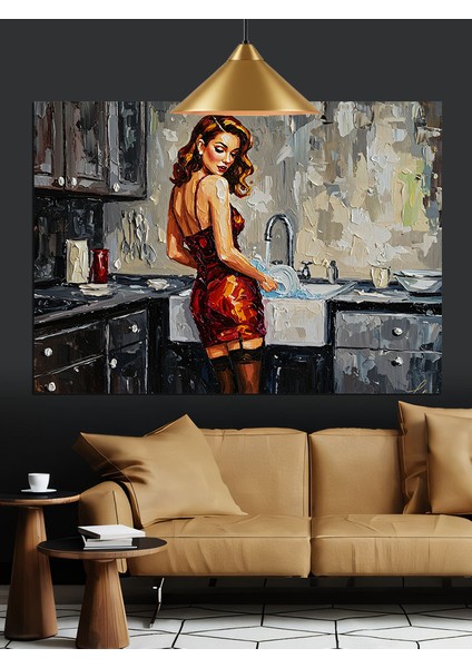 Mutfakta Yemek Yapan Genç Kadın Dekoratif Kanvas - Mdf Ahşap Tablo indirimleri