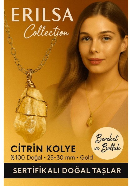 Sertifikalı Tel Sargılı Doğal Ham Sitirin Taşı Kolye – Altın Kaplama Bereket ve Enerji Taşı