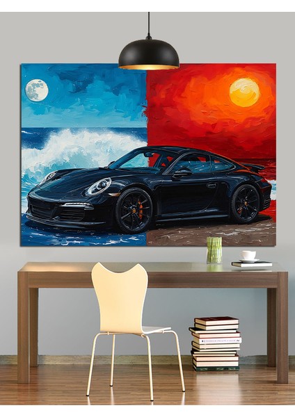 Kırmızı Şeritli Siyah Spor Araba Dekoratif Kanvas - Mdf Ahşap Tablo fiyatları