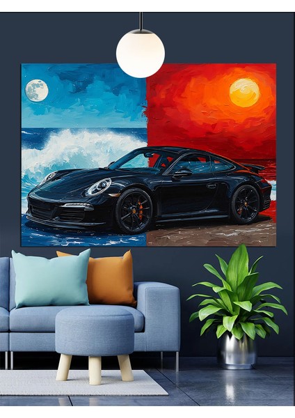 Kırmızı Şeritli Siyah Spor Araba Dekoratif Kanvas - Mdf Ahşap Tablo modelleri