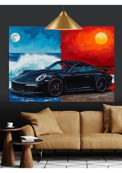 Kırmızı Şeritli Siyah Spor Araba Dekoratif Kanvas - Mdf Ahşap Tablo fırsatları