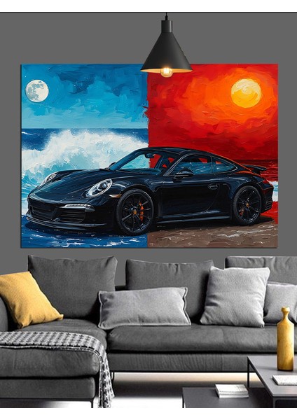 Kırmızı Şeritli Siyah Spor Araba Dekoratif Kanvas - Mdf Ahşap Tablo indirimleri