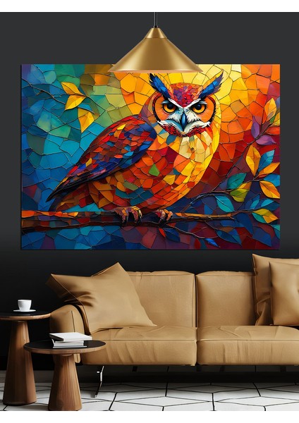 Parlak Renkli Desenli Gece Baykuşu Dekoratif Kanvas - Mdf Ahşap Tablo