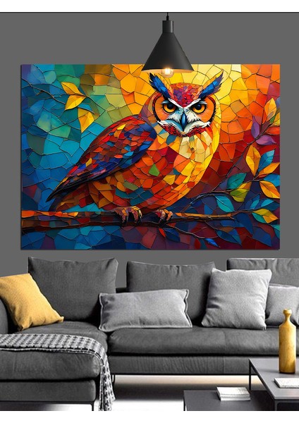 Parlak Renkli Desenli Gece Baykuşu Dekoratif Kanvas - Mdf Ahşap Tablo fiyatları