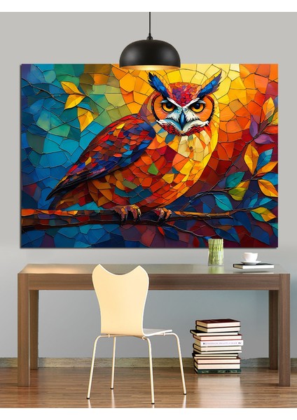 Parlak Renkli Desenli Gece Baykuşu Dekoratif Kanvas - Mdf Ahşap Tablo fırsatları