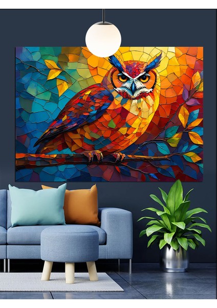 Parlak Renkli Desenli Gece Baykuşu Dekoratif Kanvas - Mdf Ahşap Tablo indirimleri