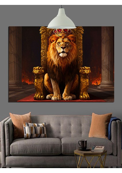 Tacıyla Duran Görkemli Aslan Portresi Dekoratif Kanvas - Mdf Ahşap Tablo
