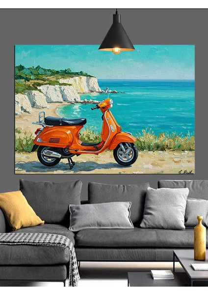 Turuncu Klasik Scooter Motosiklet Dekoratif Kanvas - Mdf Ahşap Tablo