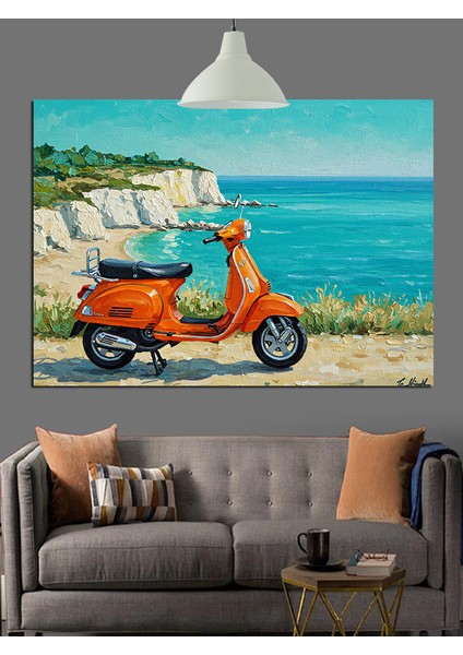 Turuncu Klasik Scooter Motosiklet Dekoratif Kanvas - Mdf Ahşap Tablo fiyatları