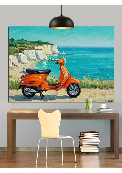 Turuncu Klasik Scooter Motosiklet Dekoratif Kanvas - Mdf Ahşap Tablo modelleri