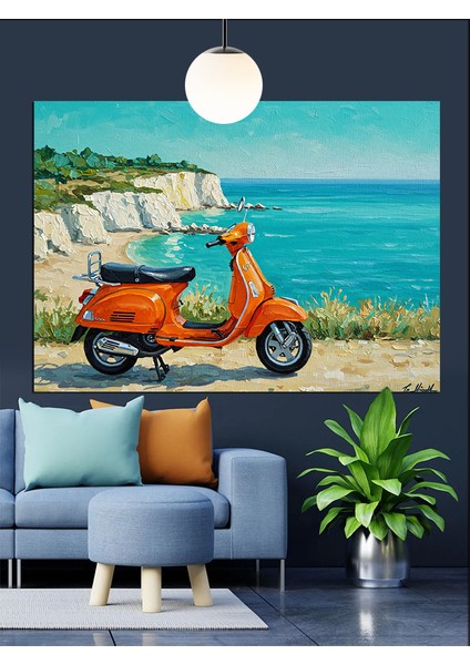 Turuncu Klasik Scooter Motosiklet Dekoratif Kanvas - Mdf Ahşap Tablo fırsatları