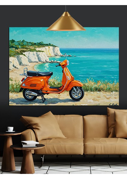 Turuncu Klasik Scooter Motosiklet Dekoratif Kanvas - Mdf Ahşap Tablo indirimleri