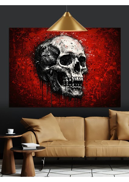 Kırmızı Arkaplanda Kafatası Figürü Dekoratif Kanvas - Mdf Ahşap Tablo