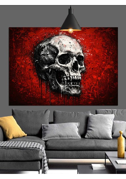 Kırmızı Arkaplanda Kafatası Figürü Dekoratif Kanvas - Mdf Ahşap Tablo fiyatları