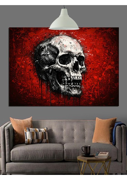 Kırmızı Arkaplanda Kafatası Figürü Dekoratif Kanvas - Mdf Ahşap Tablo modelleri