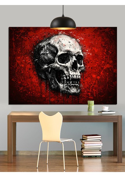Kırmızı Arkaplanda Kafatası Figürü Dekoratif Kanvas - Mdf Ahşap Tablo fırsatları