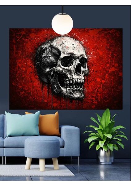 Kırmızı Arkaplanda Kafatası Figürü Dekoratif Kanvas - Mdf Ahşap Tablo indirimleri