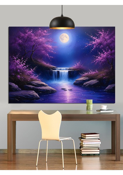 Mor Ormanda Parlak Şelale Manzarası Dekoratif Kanvas - Mdf Ahşap Tablo