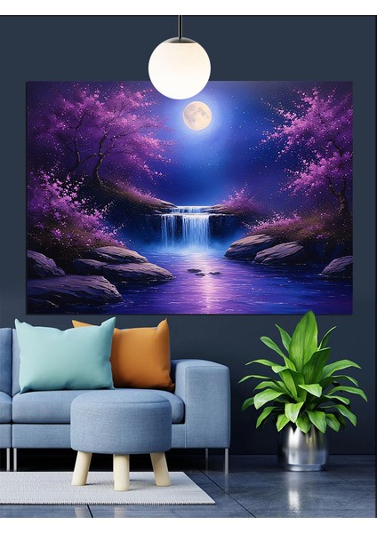 Mor Ormanda Parlak Şelale Manzarası Dekoratif Kanvas - Mdf Ahşap Tablo fiyatları