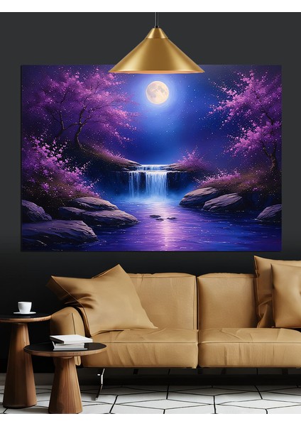 Mor Ormanda Parlak Şelale Manzarası Dekoratif Kanvas - Mdf Ahşap Tablo modelleri