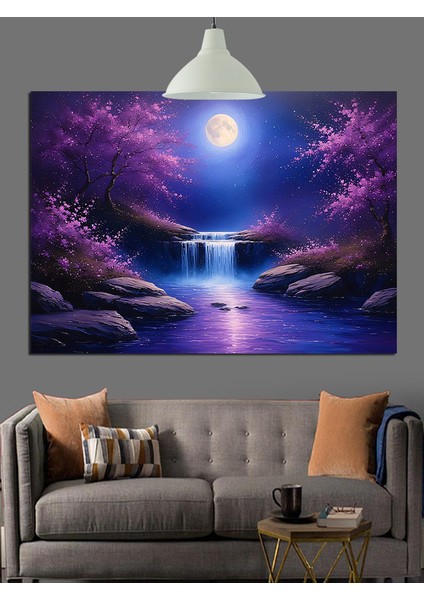 Mor Ormanda Parlak Şelale Manzarası Dekoratif Kanvas - Mdf Ahşap Tablo indirimleri