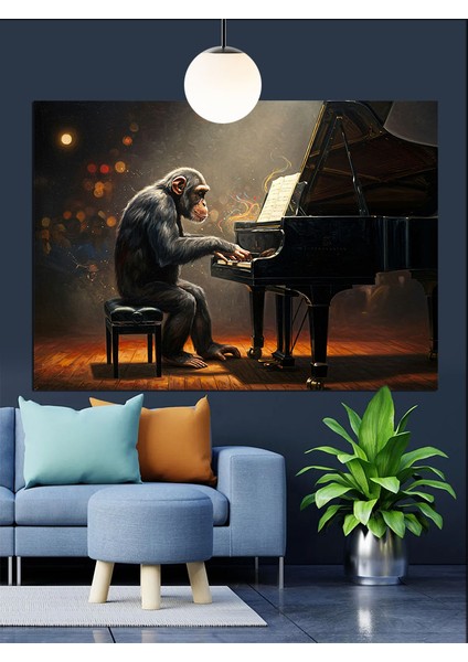 Piyano Başında Oturan Maymun Dekoratif Kanvas - Mdf Ahşap Tablo