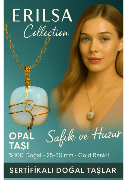 Sertifikalı Tel Sargılı Doğal Opal Taşı Kolye – Altın Kaplama Pozitif Enerji ve Sezgi Taşı