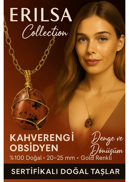 Sertifikalı Tel Sargılı Doğal Kahverengi Obsidyen Taşı Kolye – Altın Kaplama Koruma Taşı