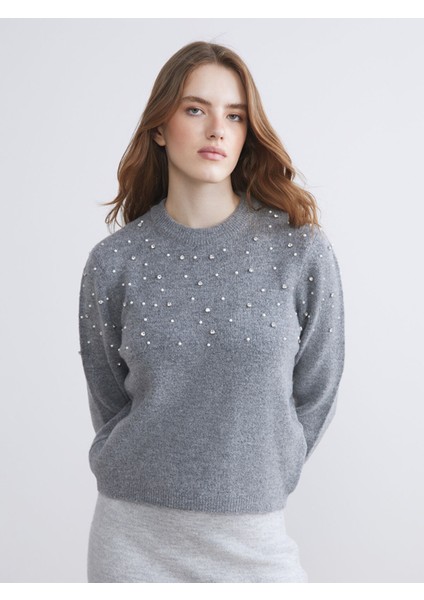 Yeni Sezon Bisiklet Yaka Taşlı Kadın Triko Kazak