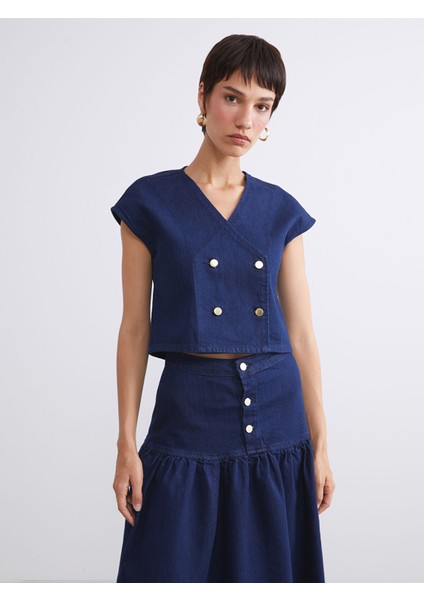 Yeni Sezon Kruvaze Yaka Crop Kadın Jean Yelek