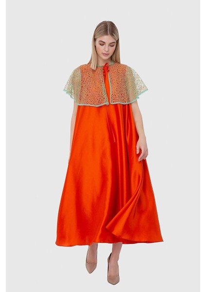 Dantel Pelerin Yaka Turuncu Uzun Elbise