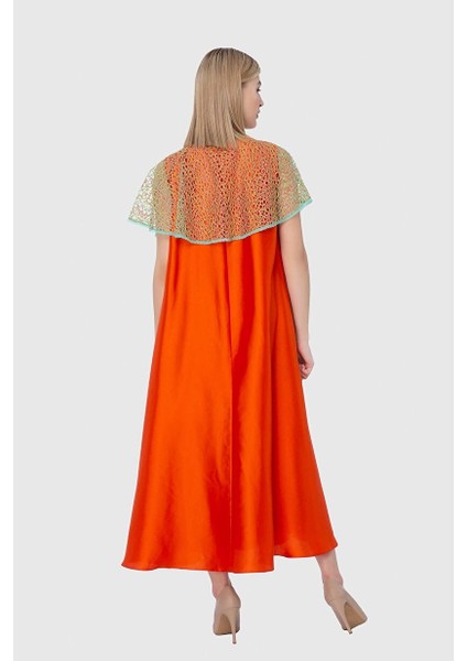 Dantel Pelerin Yaka Turuncu Uzun Elbise modelleri