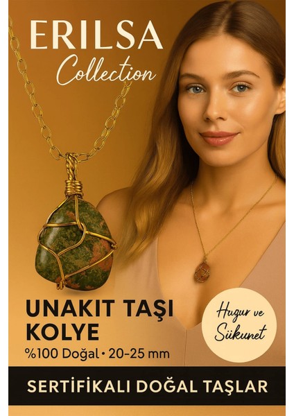 Sertifikalı Gold Tel Sargılı Doğal Unakit Taşı Kolye – Altın Kaplama Huzur ve Sükunet Taşı