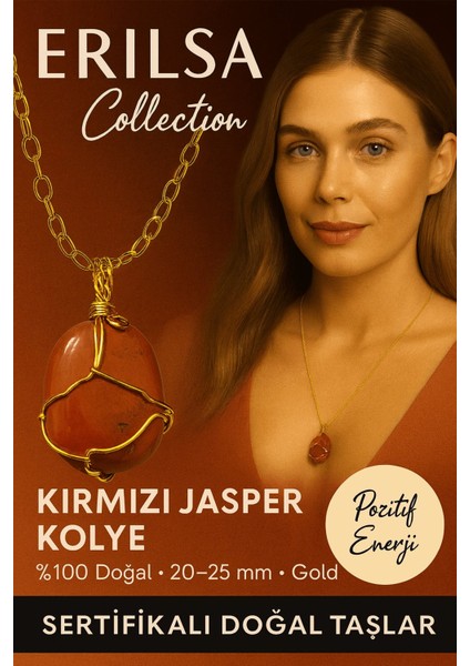 Sertifikalı Tel Sargılı Doğal Kırmızı Jasper Taşı Kolye – Altın Kaplama Enerji ve Güç Taşı