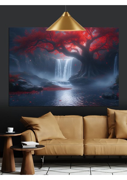 kırmızı ışıklar altında şelale dekoratif kanvas - mdf ahşap tablo