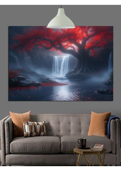 kırmızı ışıklar altında şelale dekoratif kanvas - mdf ahşap tablo modelleri