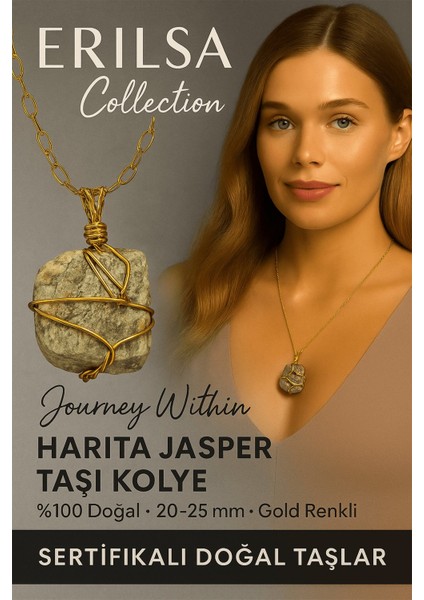 Asertifikalı Tel Sargılı Doğal Harita Jasper Taşı Kolye – Altın Kaplama Denge ve Farkındalık Taşı