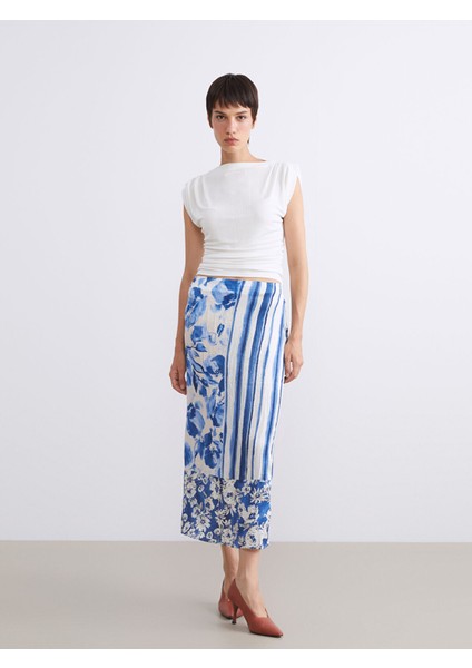 Yeni Sezon Beli Fermuarlı Çiçekli Yırtmaçlı Saten Etek