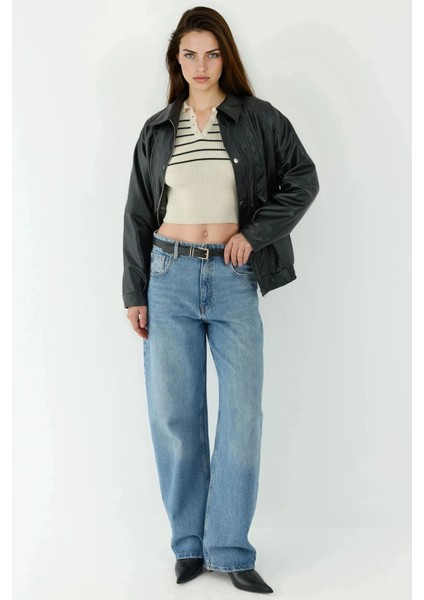 Kadın Jakarlı Örme Yarım Balıkçı Yaka Kazak Natural