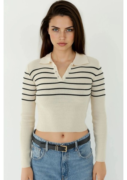 Kadın Jakarlı Örme Yarım Balıkçı Yaka Kazak Natural