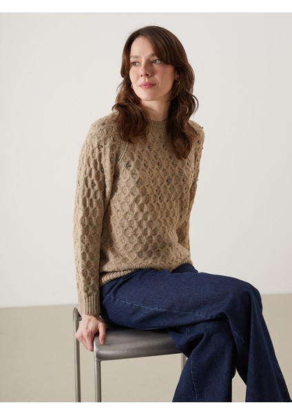 Yeni Sezon Bisiklet Yaka Boncuk Işlemeli Kadın Triko Kazak