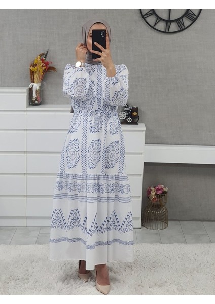 Tünel Bağcıklı Uzun Elbise -Beyaz