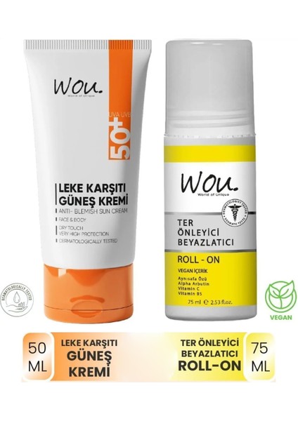WOU Güneş Kremi SPF50+ 50 ml ve Roll-On 75 ml Suya Dayanıklı Set Tüm Cilt Tiplerine Uygun