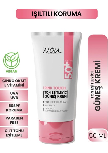 World Of Unique Pink Touch SPF50+ Su Bazlı Ton Eşitleyici ve Aydınlatıcı Güneş Kremi 50 ml – Tüm Cilt Tipleri İçin Yüksek Yaz Koruması