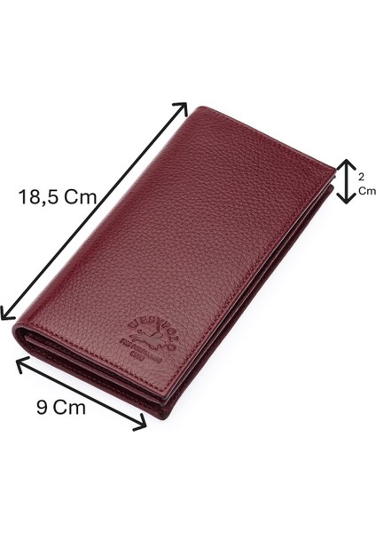 Bol Kart Bölmeli Hakiki Deri Kağıt Para ve Telefon Bölmeli Uzun Unisex Cüzdan - Bordo