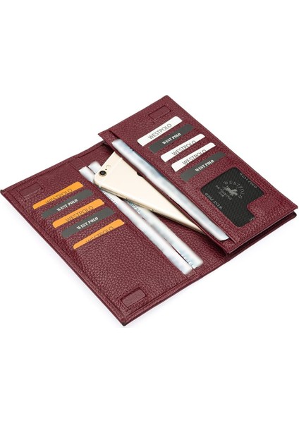 Bol Kart Bölmeli Hakiki Deri Kağıt Para ve Telefon Bölmeli Uzun Unisex Cüzdan - Bordo modelleri
