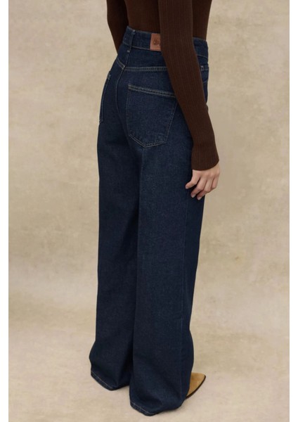 Kadın Geniş Paça Raw Kot Pantolon Koyu Mavi Denim